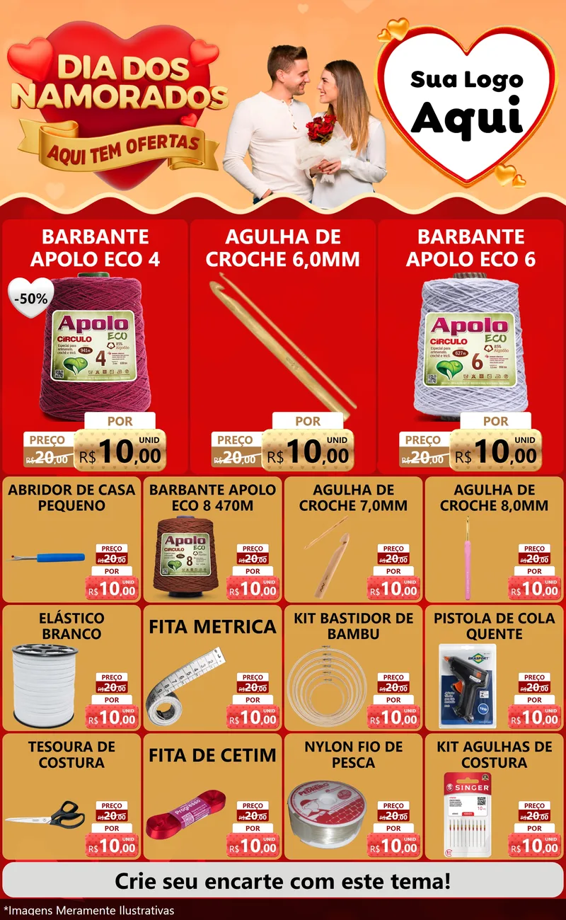 Modelo de Encarte para Encarte Grande com o tema Dia dos Namorados - Aqui Tem Ofertas para Armarinho e Aviamentos
