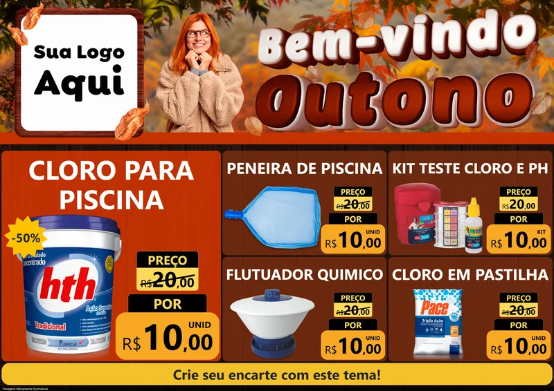 Modelo de Encarte para Encarte A4 Horizontal com o tema Bem-vindo Outono para Produtos para Piscina