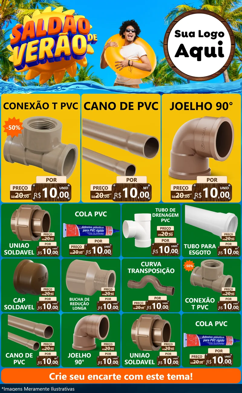 Modelo de Encarte para Encarte Grande com o tema Saldão de Verão para Tubos e conexões