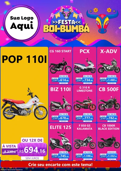 Modelo de Encarte para Encarte A4 Vertical com o tema Festa Boi-Bumbá para Concessionaria de Motos
