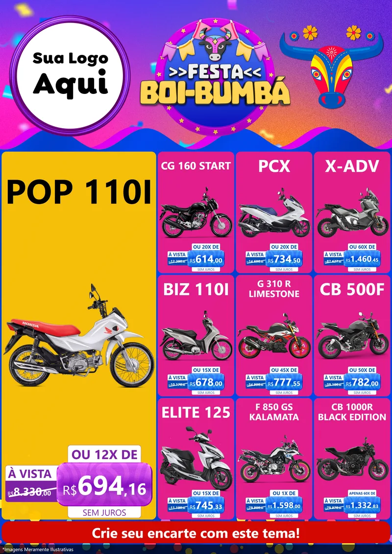 Modelo de Encarte para Encarte A4 Vertical com o tema Festa Boi-Bumbá para Concessionaria de Motos