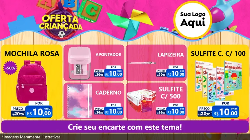 Modelo de TV para TV Horizontal com o tema Oferta da Criançada para Papelaria