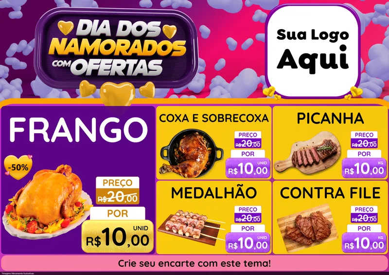 Modelo de Encarte para Encarte A4 Horizontal com o tema Dia Dos Namorados Com Ofertas para Assados