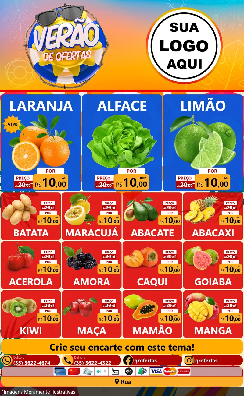 Modelo de Encarte para Encarte Grande com o tema Verão de Ofertas para Hortifrúti