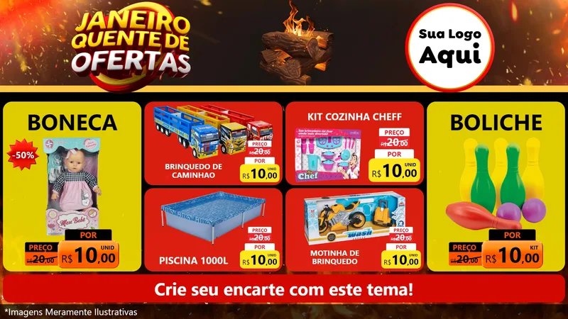 Modelo de TV para TV Horizontal com o tema Janeiro Quente de Ofertas para Brinquedos
