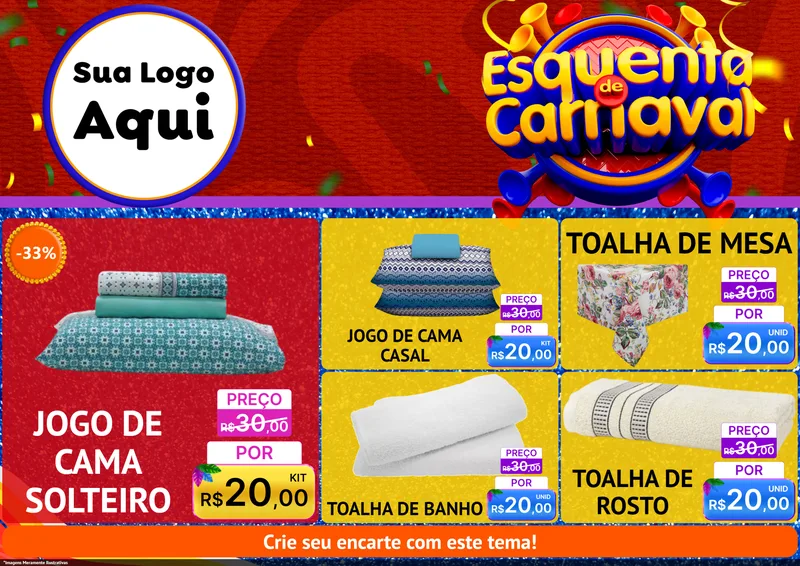 Modelo de Encarte para Encarte A4 Horizontal com o tema Esquenta de Carnaval para Cama, Mesa e Banho
