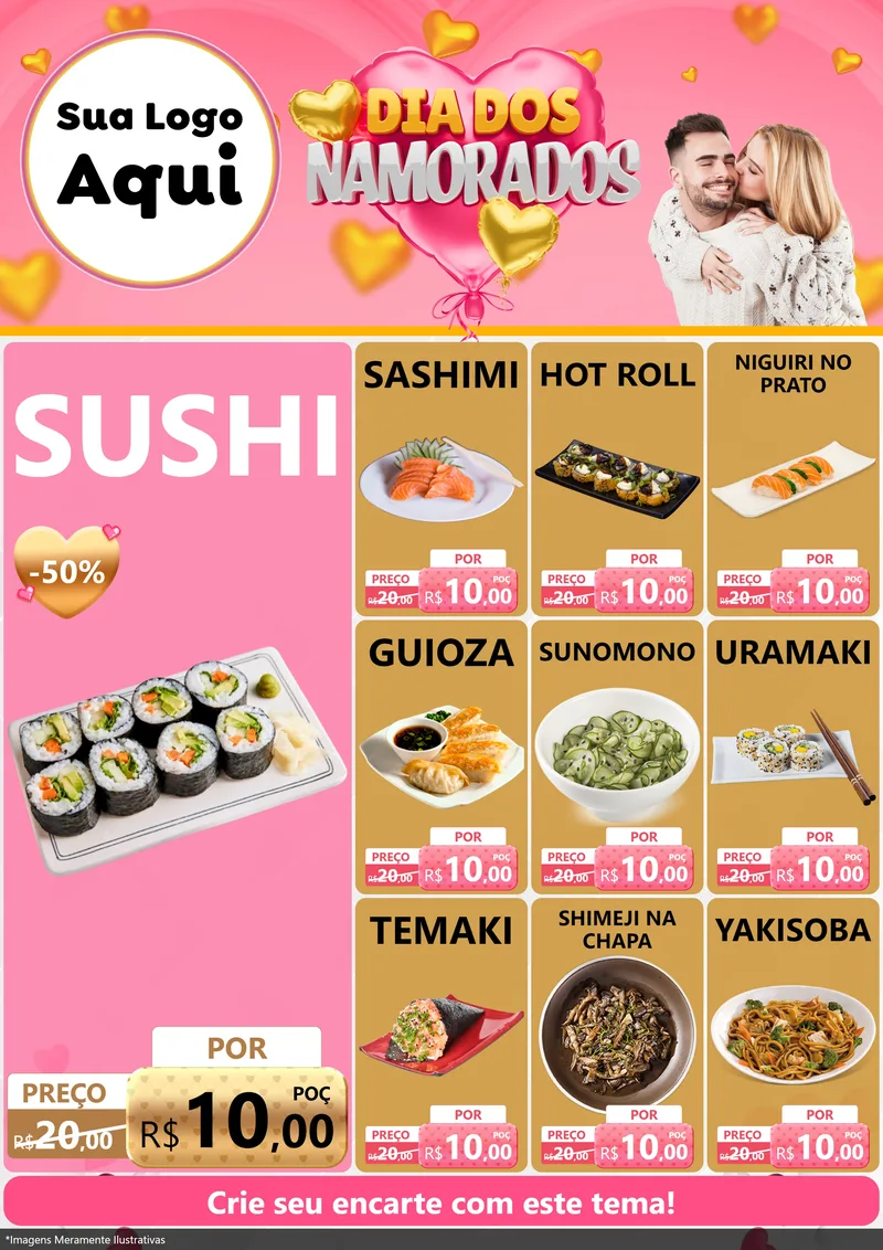 Modelo de Encarte para Encarte A4 Vertical com o tema Dia dos Namorados para Comida japonesa
