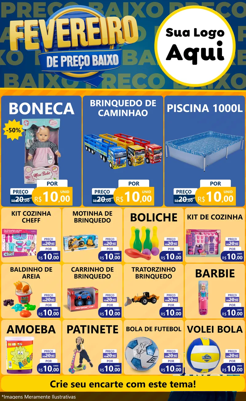 Modelo de Encarte para Encarte Grande com o tema Fevereiro de Preço Baixo para Brinquedos