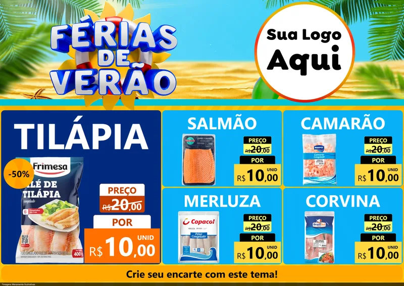 Modelo de Encarte para Encarte A4 Horizontal com o tema Férias de Verão para Peixaria