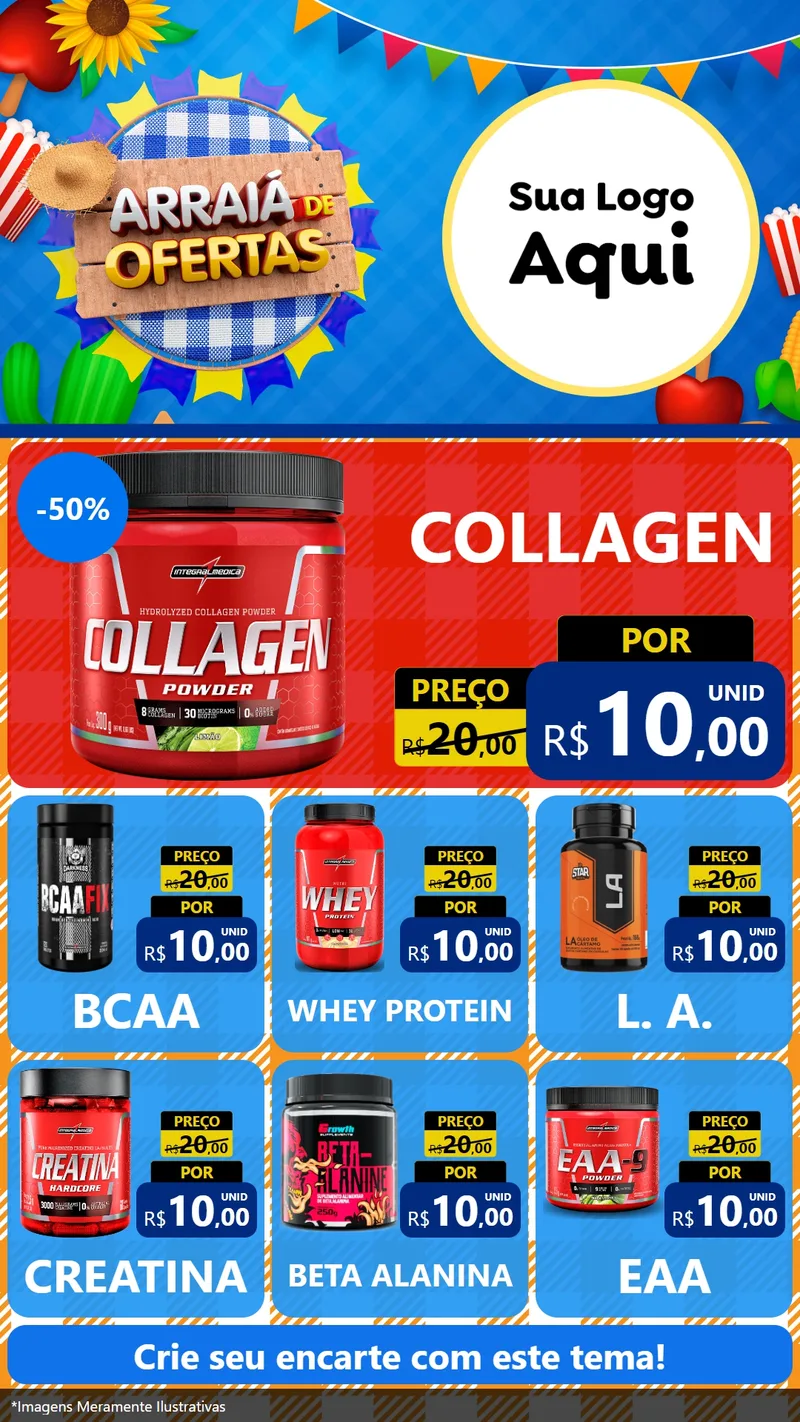 Modelo de Rede Social para Stories com o tema Arraiá de Ofertas para Suplementos alimentares
