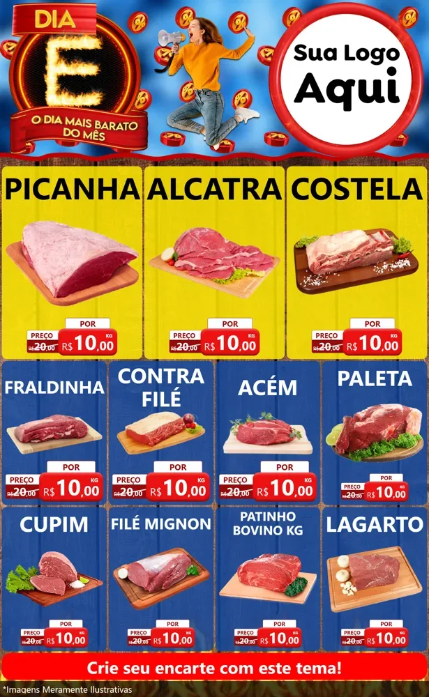 Modelo de Encarte para Encarte Grande com o tema Dia E - O Dia Mais Barato Do Mês para Açougue