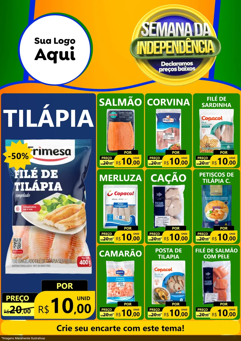 Modelo de Encarte para Encarte A4 Vertical com o tema Semana da Independência Declaramos Preços Baixos para Peixaria