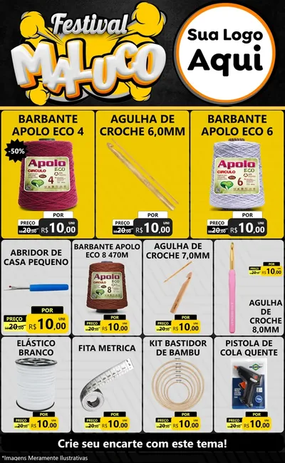 Modelo de Encarte para Encarte Grande com o tema Festival Maluco para Armarinho e Aviamentos