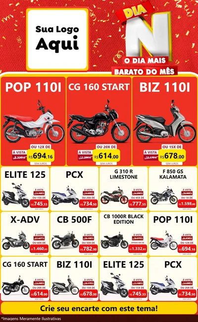 Modelo de Encarte para Encarte Grande com o tema Dia N o Dia Mais Barato do Mês para Concessionaria de Motos