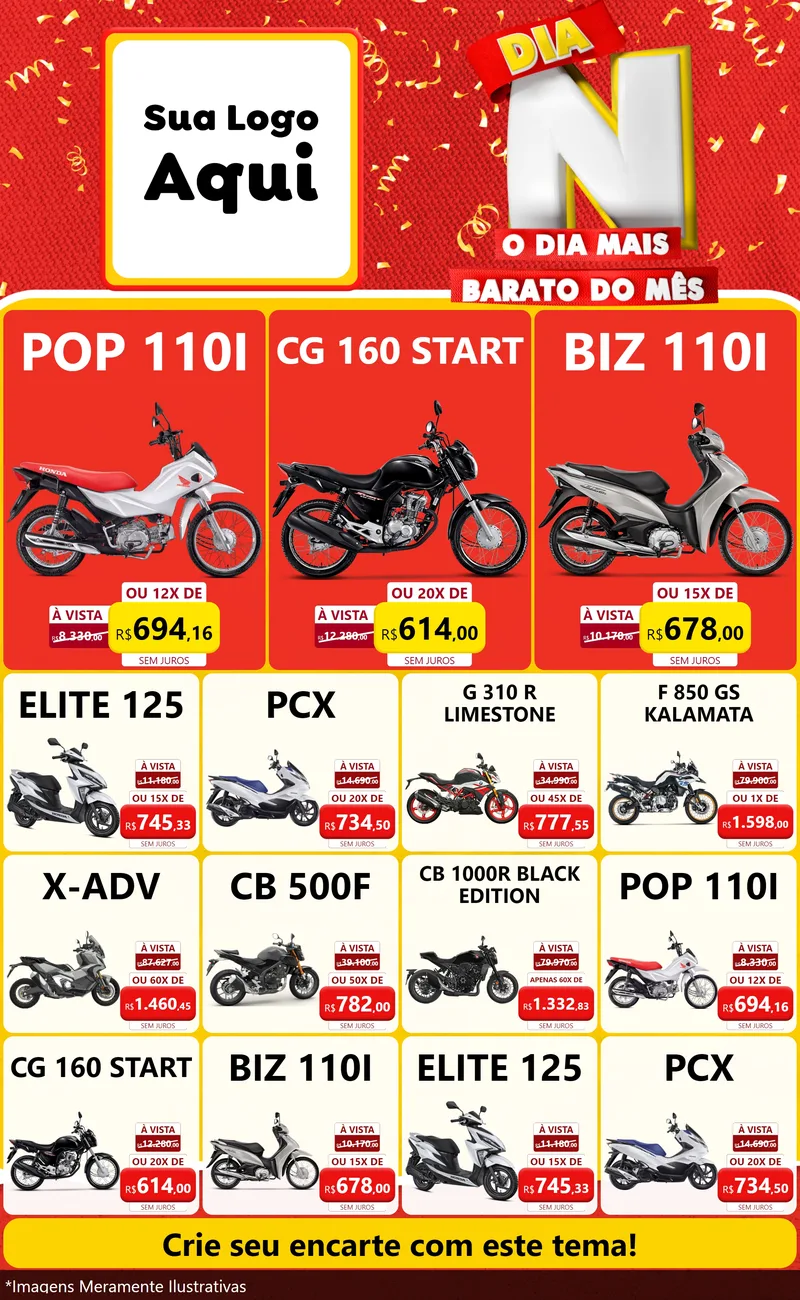 Modelo de Encarte para Encarte Grande com o tema Dia N o Dia Mais Barato do Mês para Concessionaria de Motos