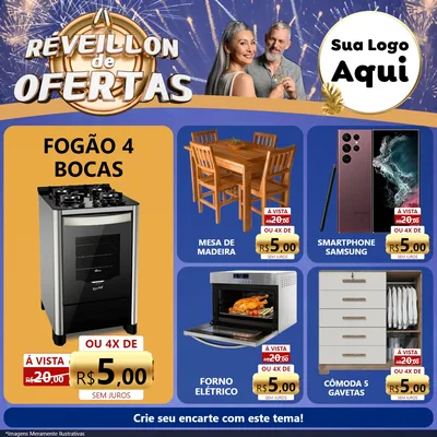 Modelo de Rede Social para Feed Facebook com o tema Réveillon de Ofertas para Móveis e Eletro