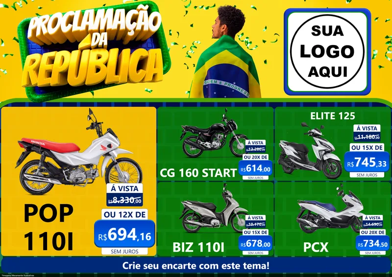 Modelo de Encarte para Encarte A4 Horizontal com o tema Proclamação da República para Concessionaria de Motos