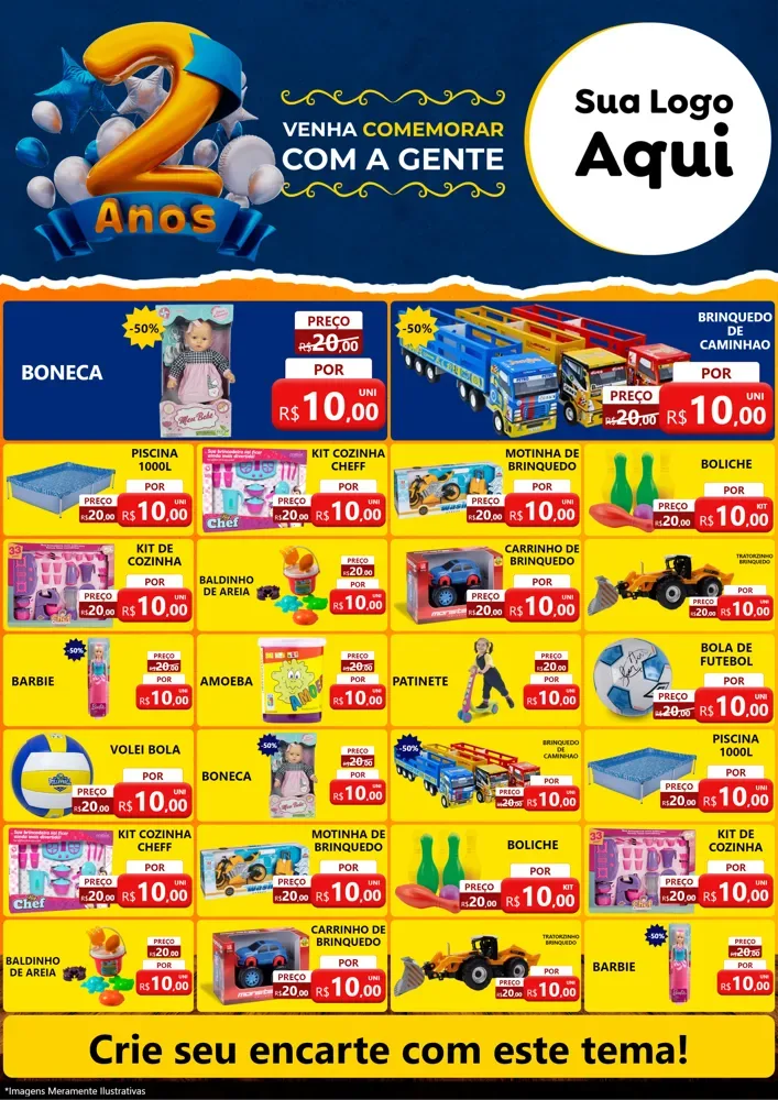 Modelo de Encarte para Encarte A4 Vertical com o tema Aniversário de 2 anos para Brinquedos
