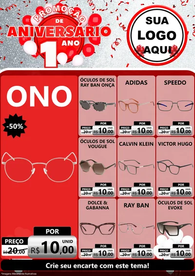 Modelo de Encarte para Encarte A4 Vertical com o tema Promoção de Aniversário - 1 Ano para Óticas