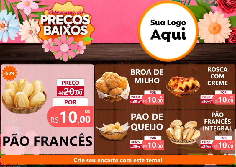 Modelo de Encarte para Encarte A4 Horizontal com o tema Primavera de Preços Baixos para Padaria