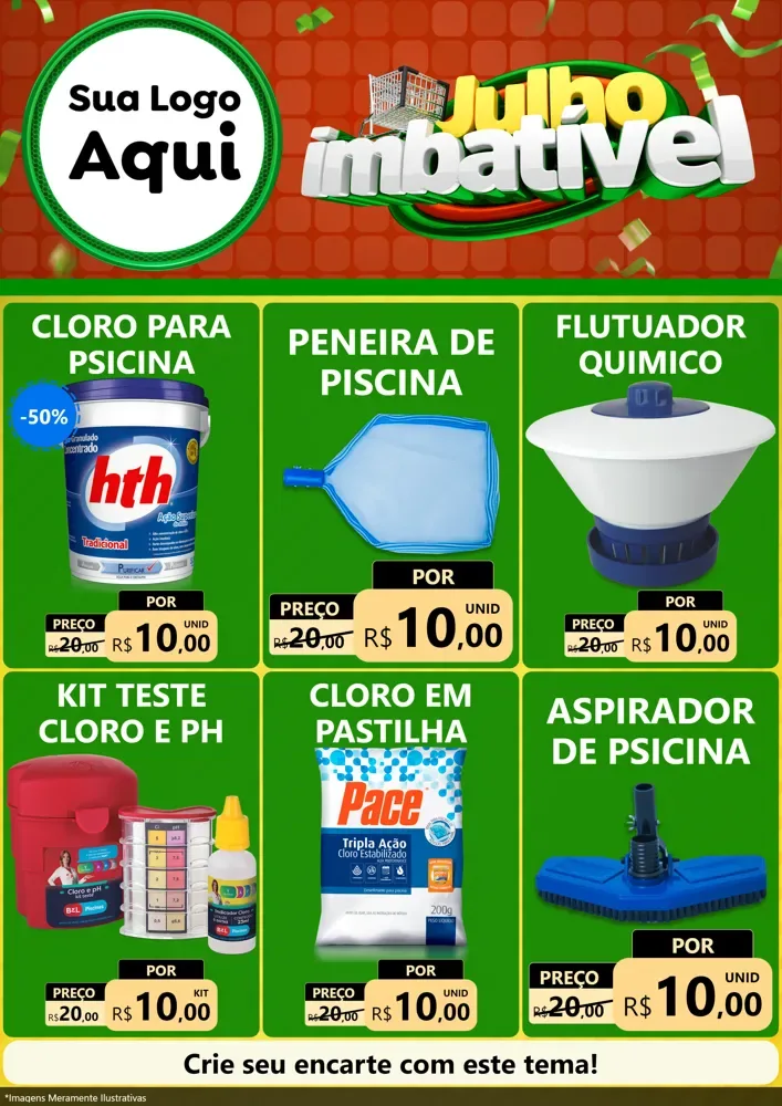 Modelo de Encarte para Encarte A4 Vertical com o tema Julho Imbatível para Produtos para Piscina