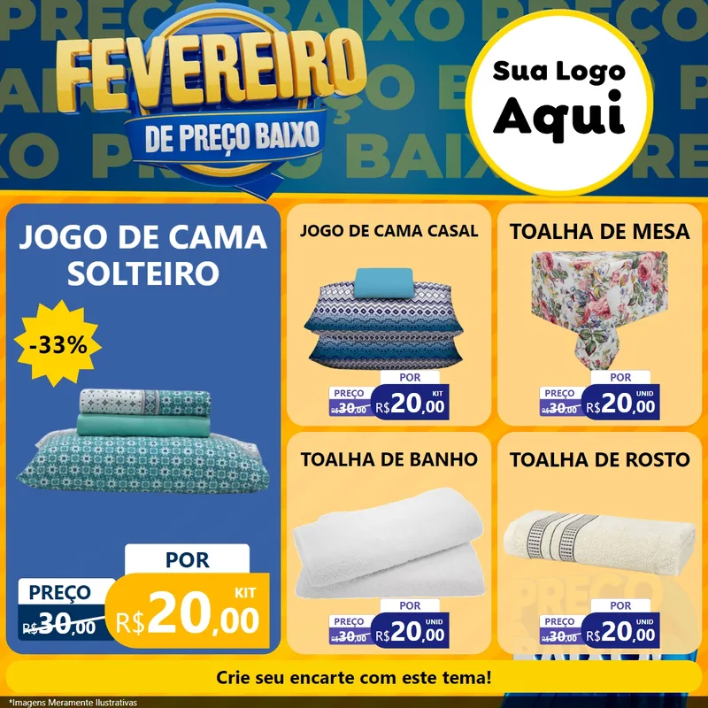 Modelo de Rede Social para Feed Facebook com o tema Fevereiro de Preço Baixo para Cama, Mesa e Banho