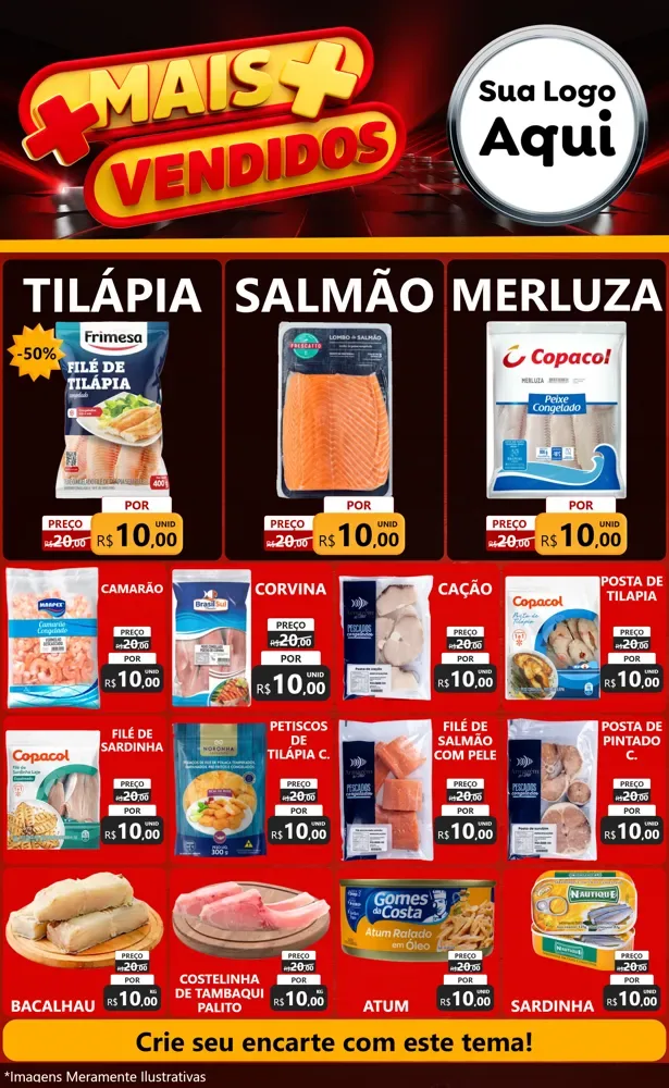 Modelo de Encarte para Encarte Grande com o tema Mais Vendidos para Peixaria