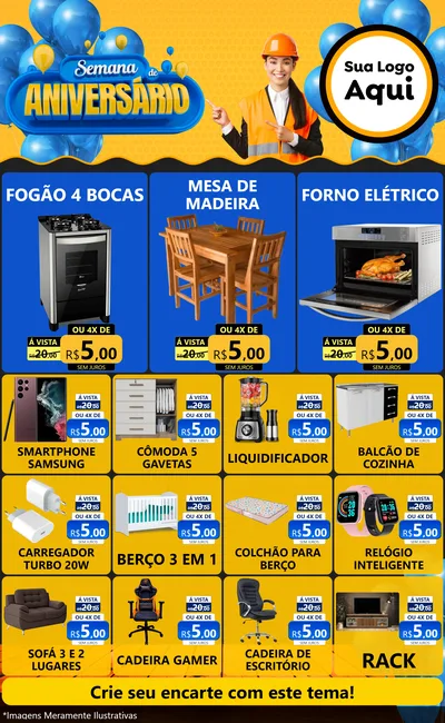 Modelo de Encarte para Encarte Grande com o tema Semana de Aniversário para Móveis e Eletro
