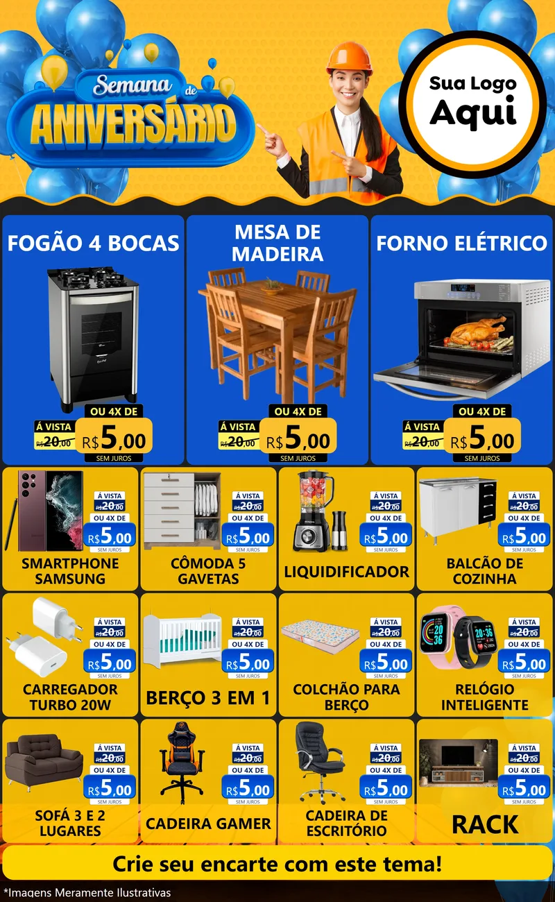 Modelo de Encarte para Encarte Grande com o tema Semana de Aniversário para Móveis e Eletro