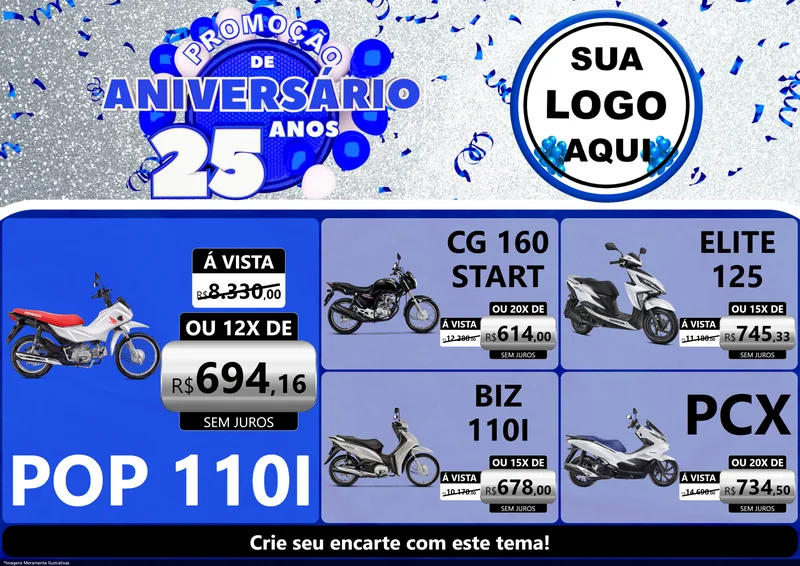 Modelo de Encarte para Encarte A4 Horizontal com o tema Promoção de Aniversário - 25 Anos para Concessionaria de Motos