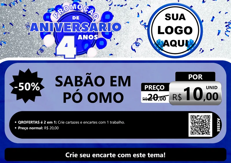 Modelo de Cartaz para Cartaz A4 Horizontal com o tema Promoção de Aniversário - 4 Anos para Produtos de Limpeza