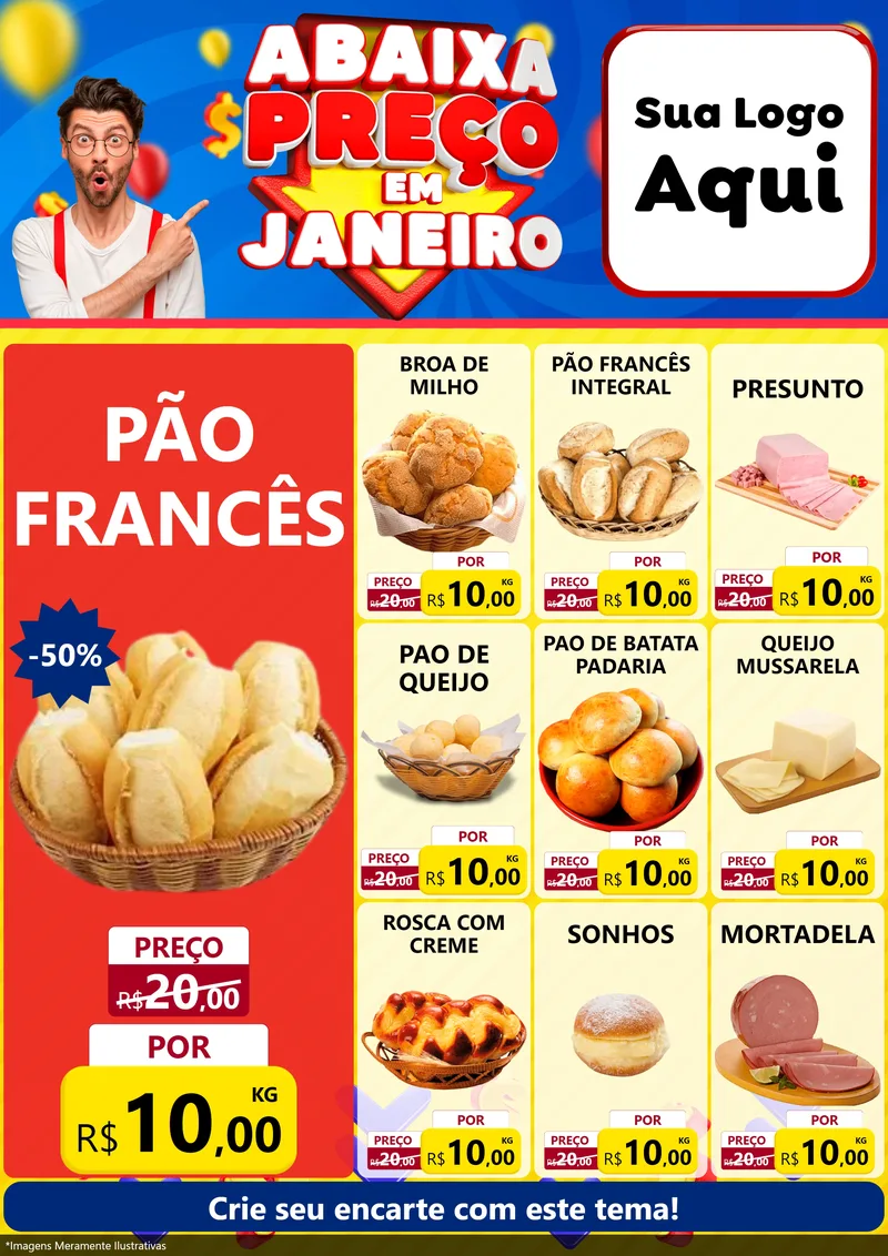Modelo de Encarte para Encarte A4 Vertical com o tema Abaixa Preço em Janeiro para Padaria
