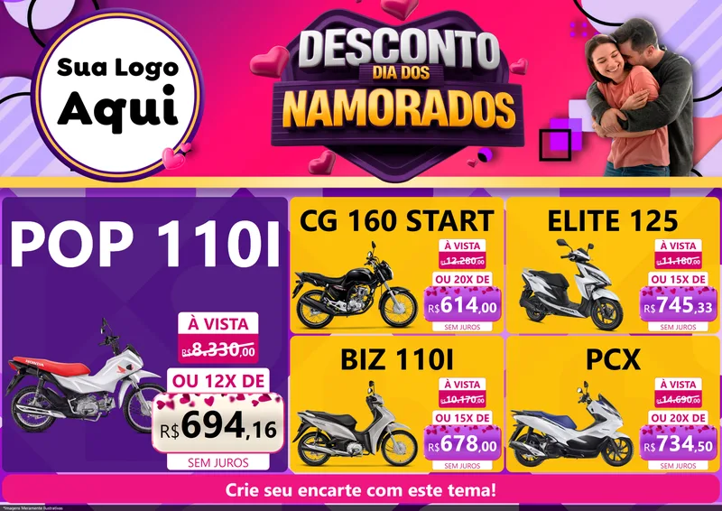 Modelo de Encarte para Encarte A4 Horizontal com o tema Desconto Dia dos Namorados para Concessionaria de Motos