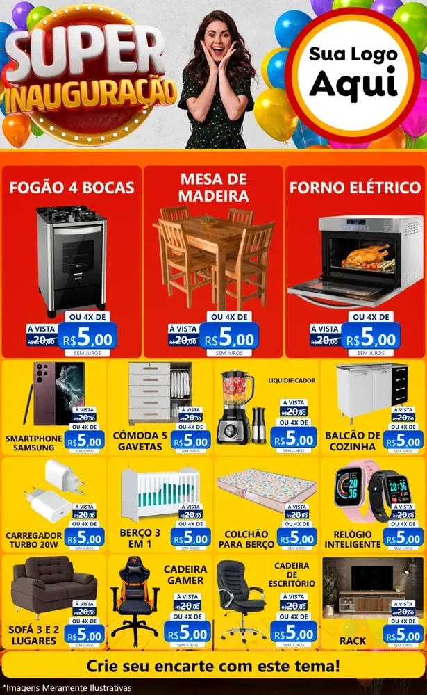 Modelo de Encarte para Encarte Grande com o tema Super Inauguração para Móveis e Eletro