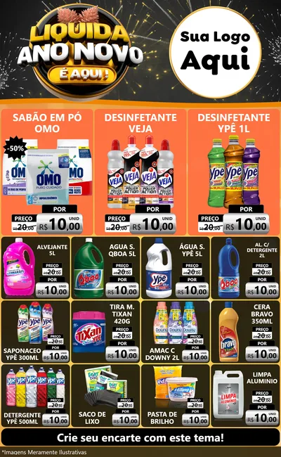 Modelo de Encarte para Encarte Grande com o tema Liquida Ano Novo É Aqui! para Produtos de Limpeza
