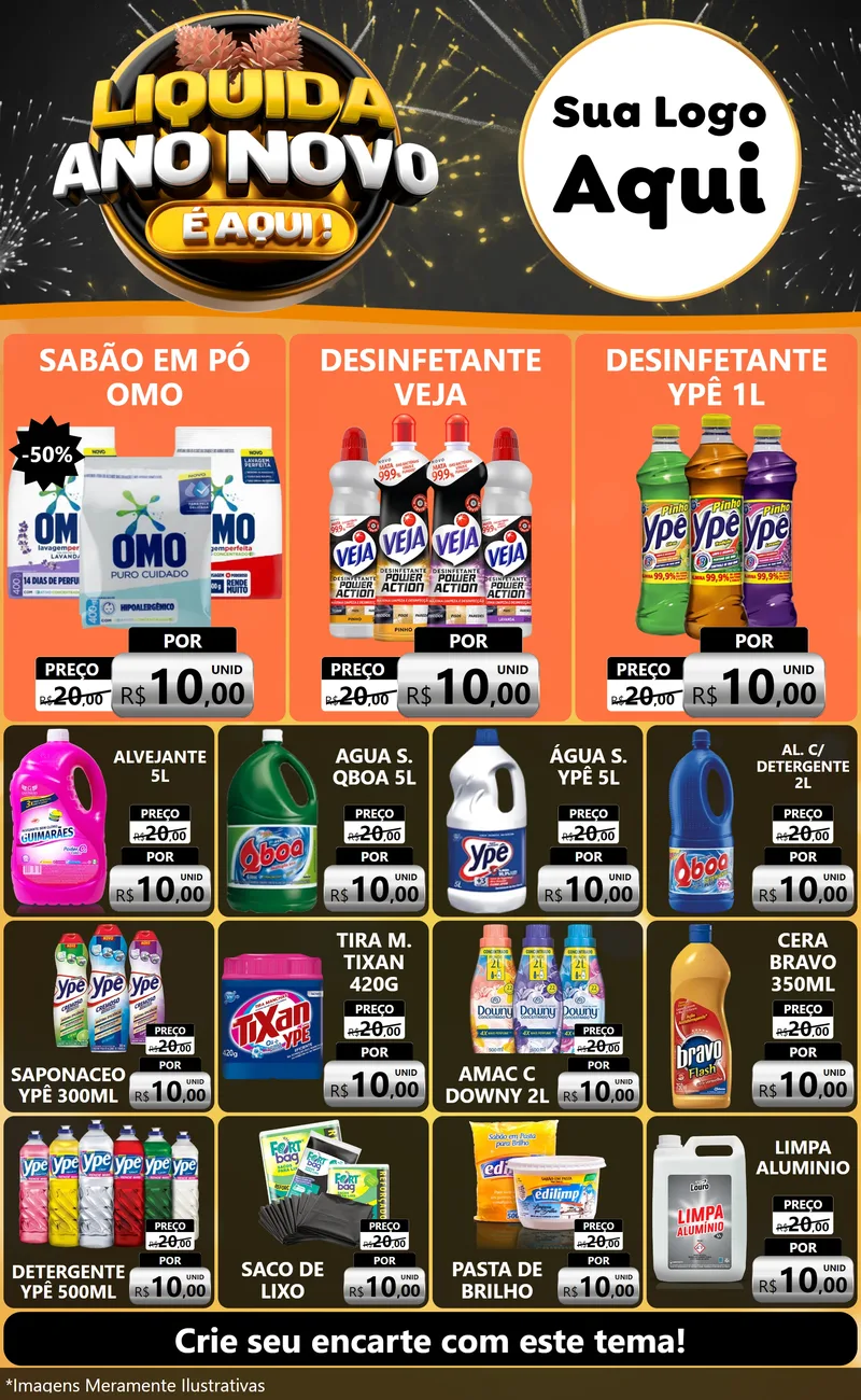 Modelo de Encarte para Encarte Grande com o tema Liquida Ano Novo É Aqui! para Produtos de Limpeza