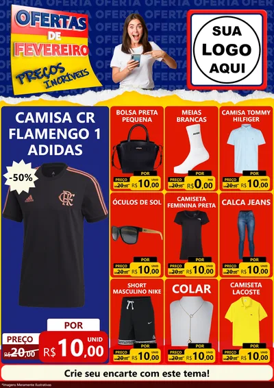 Modelo de Encarte para Encarte A4 Vertical com o tema Ofertas de Fevereiro - Preços Incríveis para Roupas e acessórios