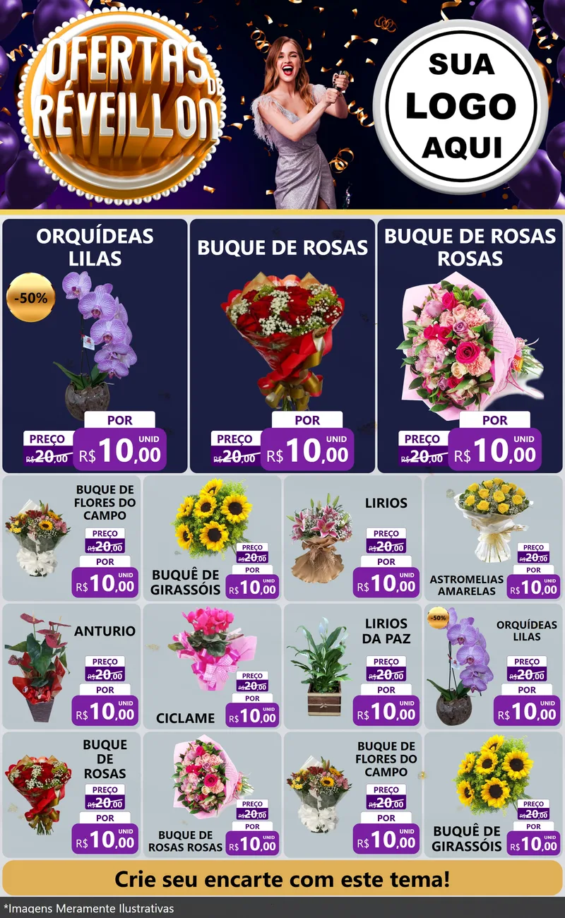 Modelo de Encarte para Encarte Grande com o tema Ofertas de Réveillon para Floricultura e jardim