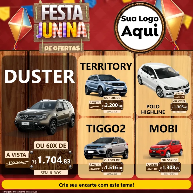 Modelo de Rede Social para Feed Facebook com o tema Festa Junina de Ofertas para Concessionaria de Carros