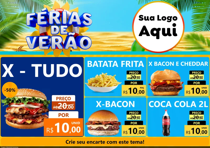Modelo de Encarte para Encarte A4 Horizontal com o tema Férias de Verão para Hamburgueria