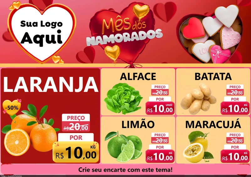 Modelo de Encarte para Encarte A4 Horizontal com o tema Mês dos Namorados para Hortifrúti