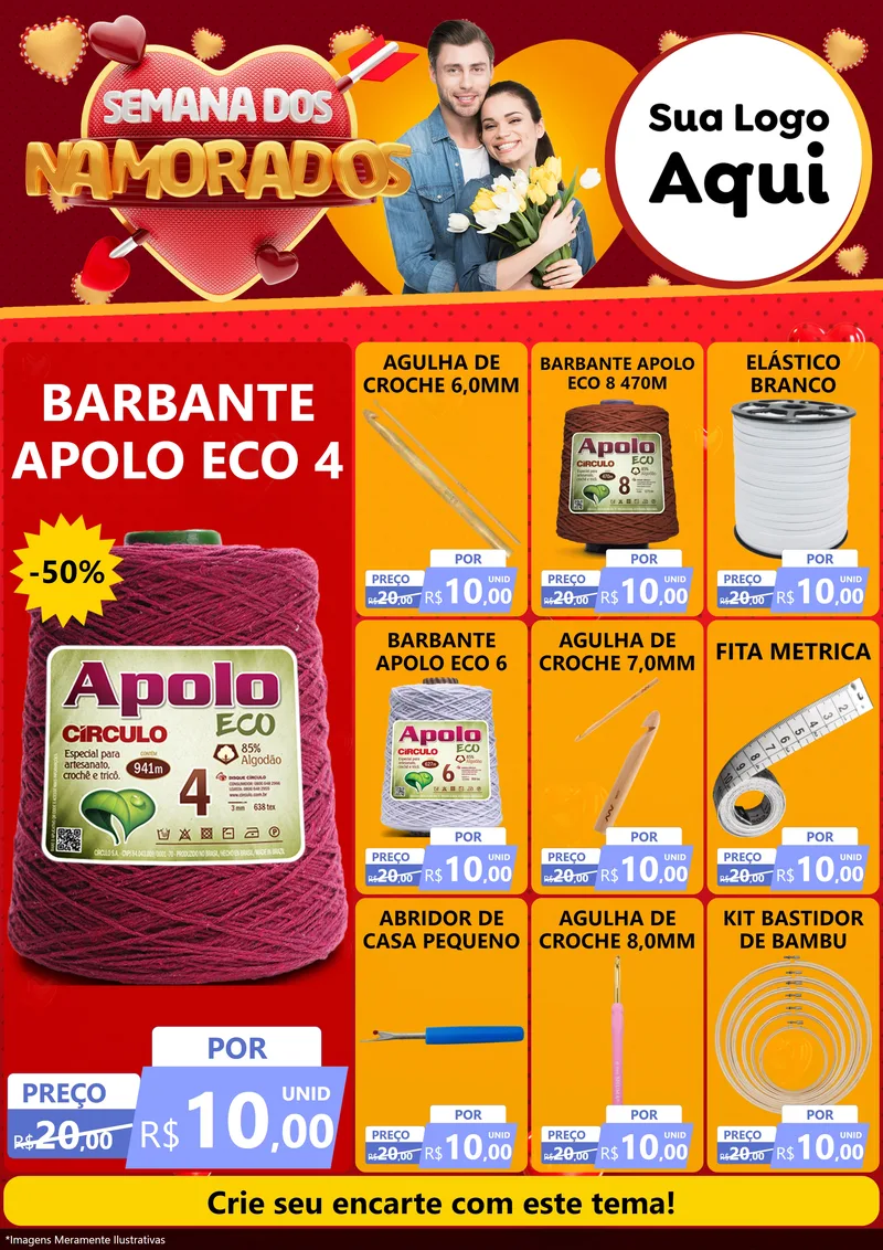 Modelo de Encarte para Encarte A4 Vertical com o tema Semana dos Namorados para Armarinho e Aviamentos
