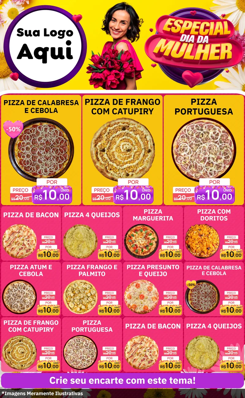 Modelo de Encarte para Encarte Grande com o tema Especial Dia da Mulher para Pizzaria