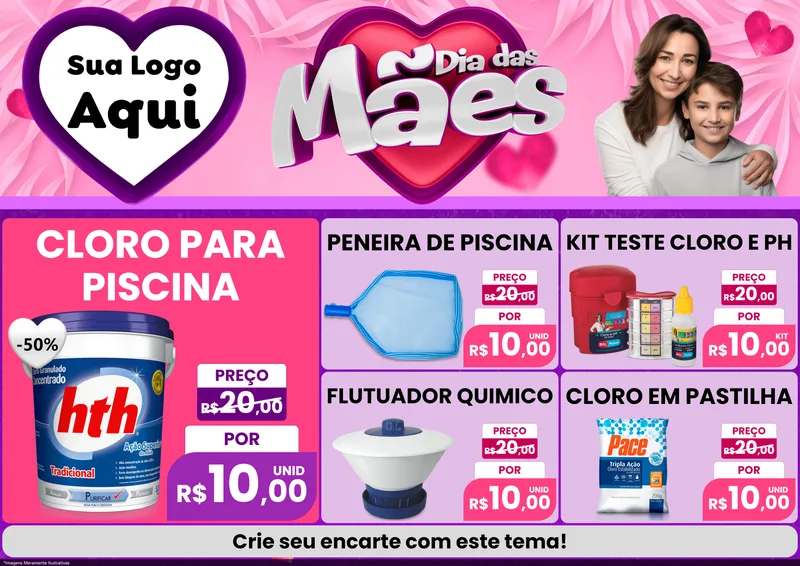 Modelo de Encarte para Encarte A4 Horizontal com o tema Dia das Mães para Produtos para Piscina