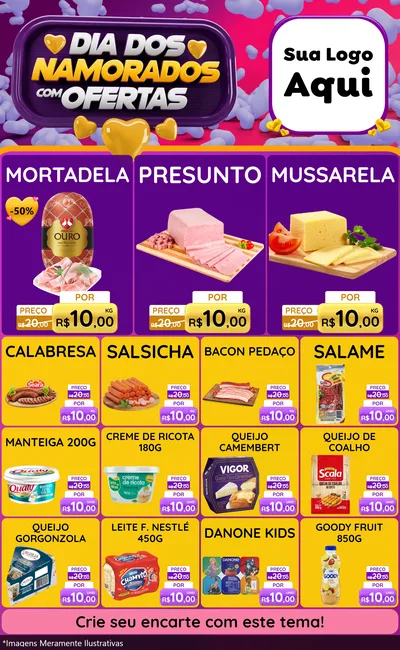 Modelo de Encarte para Encarte Grande com o tema Dia Dos Namorados Com Ofertas para Frios e Laticínios
