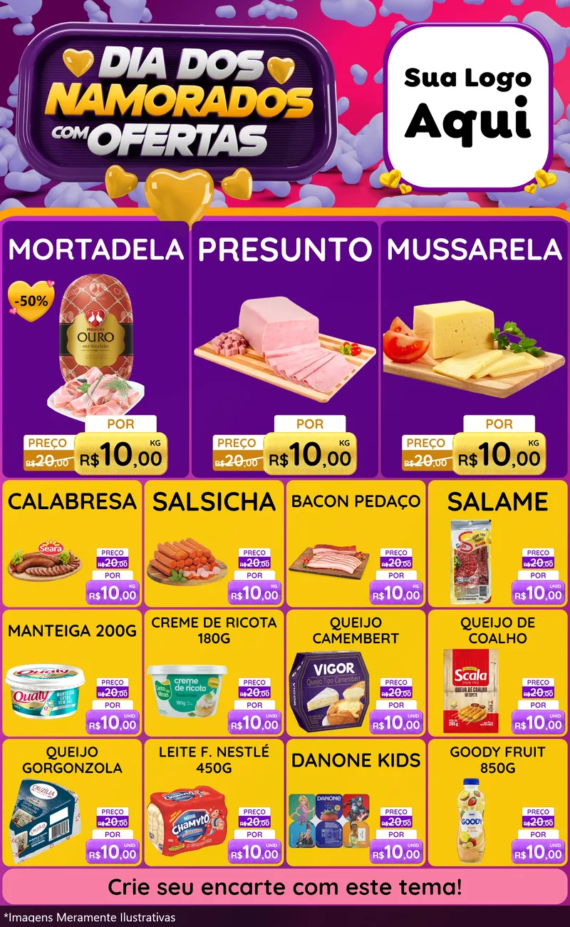 Modelo de Encarte para Encarte Grande com o tema Dia Dos Namorados Com Ofertas para Frios e Laticínios
