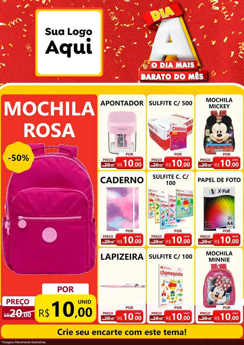 Modelo de Encarte para Encarte A4 Vertical com o tema Dia A o Dia Mais Barato do Mês para Papelaria