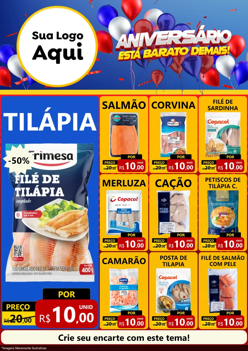 Modelo de Encarte para Encarte A4 Vertical com o tema Aniversário para Peixaria