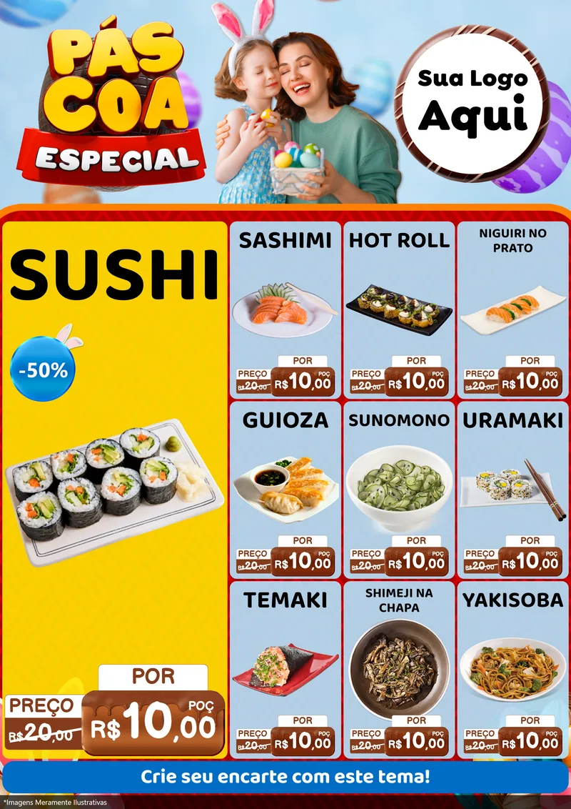Modelo de Encarte para Encarte A4 Vertical com o tema Páscoa Especial para Comida japonesa