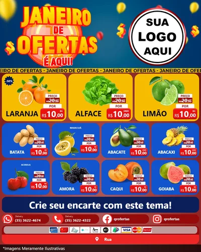 Modelo de Rede Social para Feed Instagram com o tema Janeiro de Ofertas É Aqui! para Hortifrúti